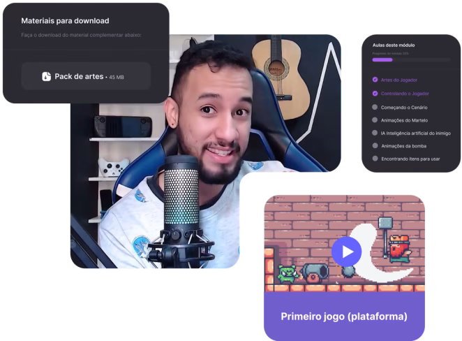 Plataforma do curso Gamecraft, com as aulas de criação de games sem código